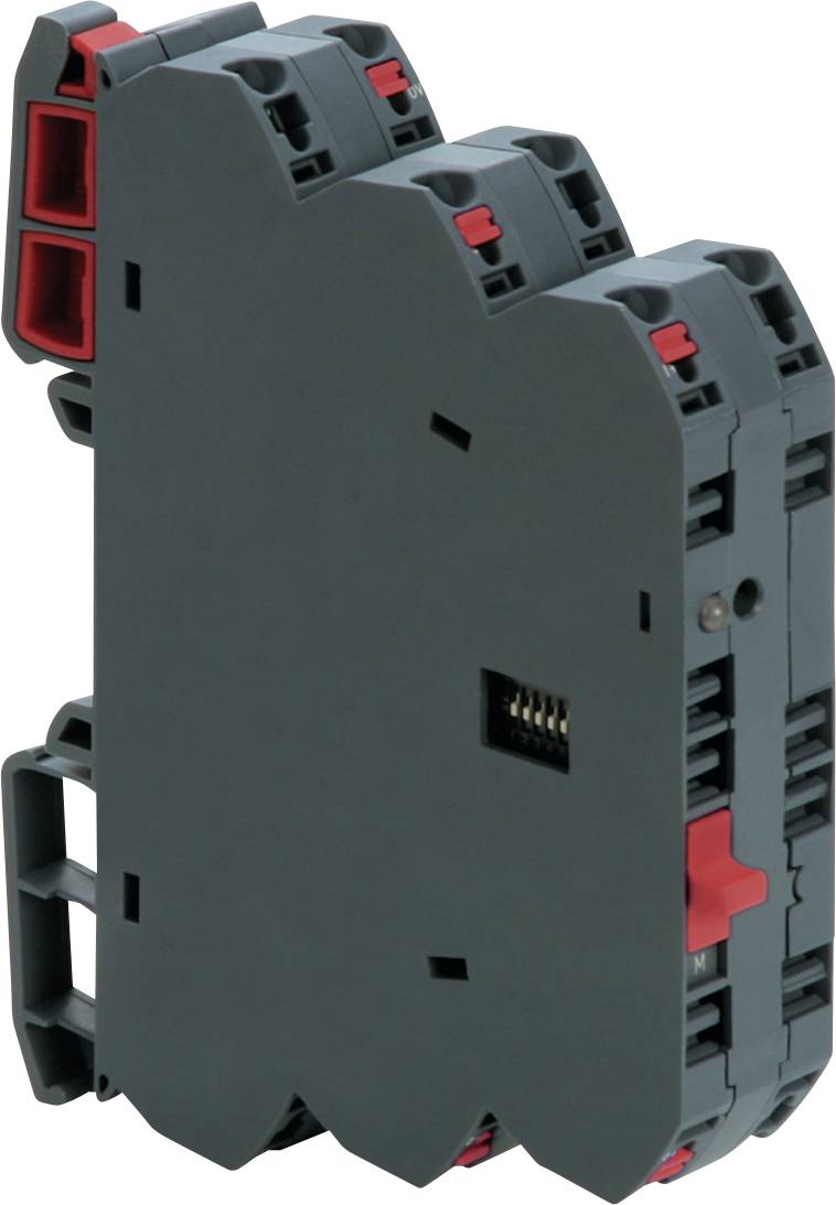 Module électrique gris monté sur rail DIN avec des clips rouges et des ouvertures de borne, présenté isolé sur un fond blanc.
