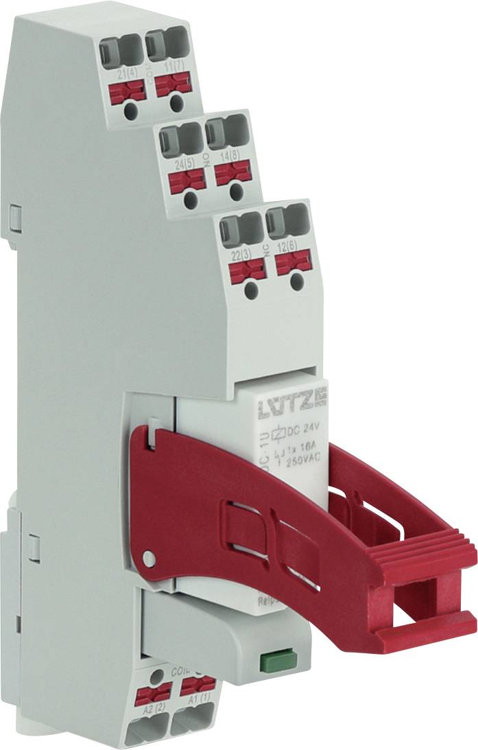 Disjoncteur électrique sur rail DIN avec levier de commutation rouge et blocs de bornes, présenté dans une vue latérale de style produit.