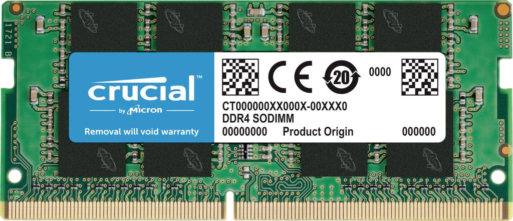 Gros plan d'un module de RAM SODIMM DDR4 pour ordinateur portable Crucial by Micron avec étiquettes de produit et broches connecteurs dorées.
