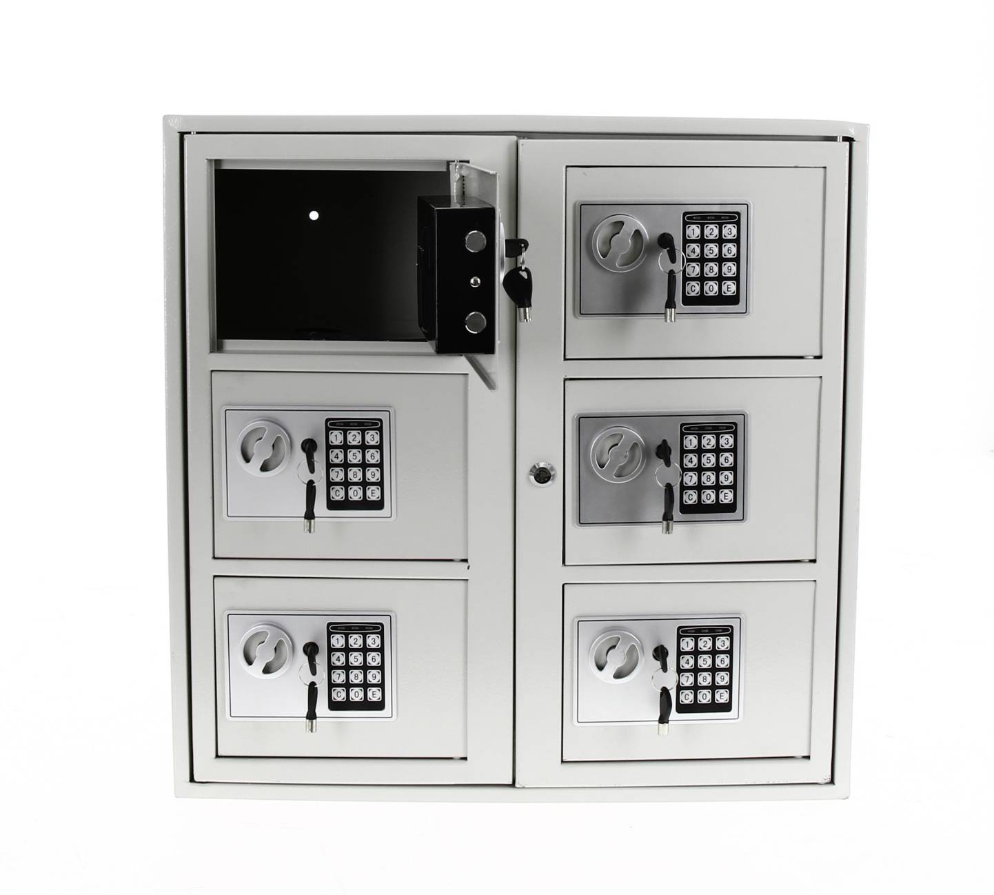 Armoire vestiaire murale avec six compartiments de coffre à code; la porte en haut à gauche est ouverte, montrant un intérieur noir vide.