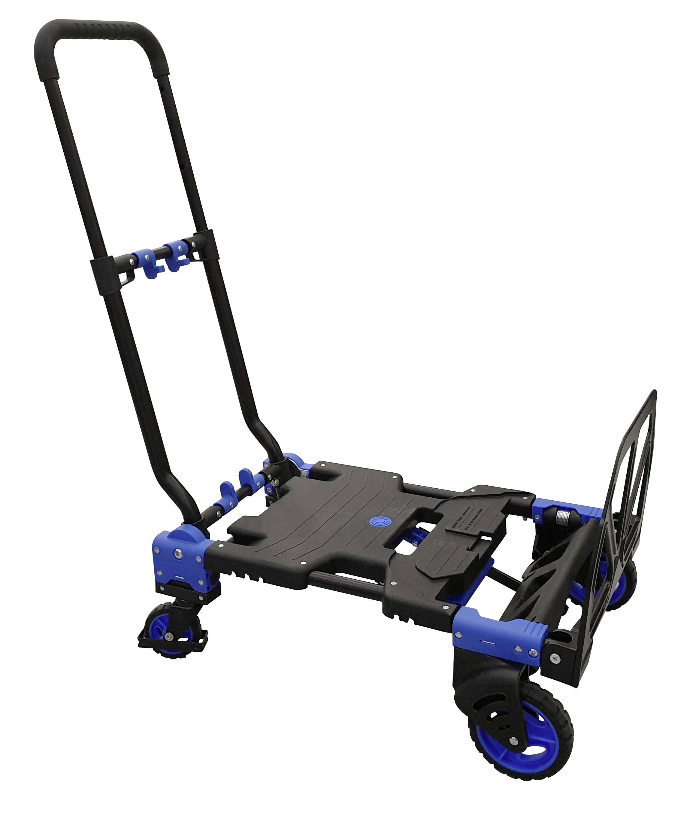 Diable monte-escaliers portable avec poignée haute, plateforme pliante et base à trois roues en noir et bleu.