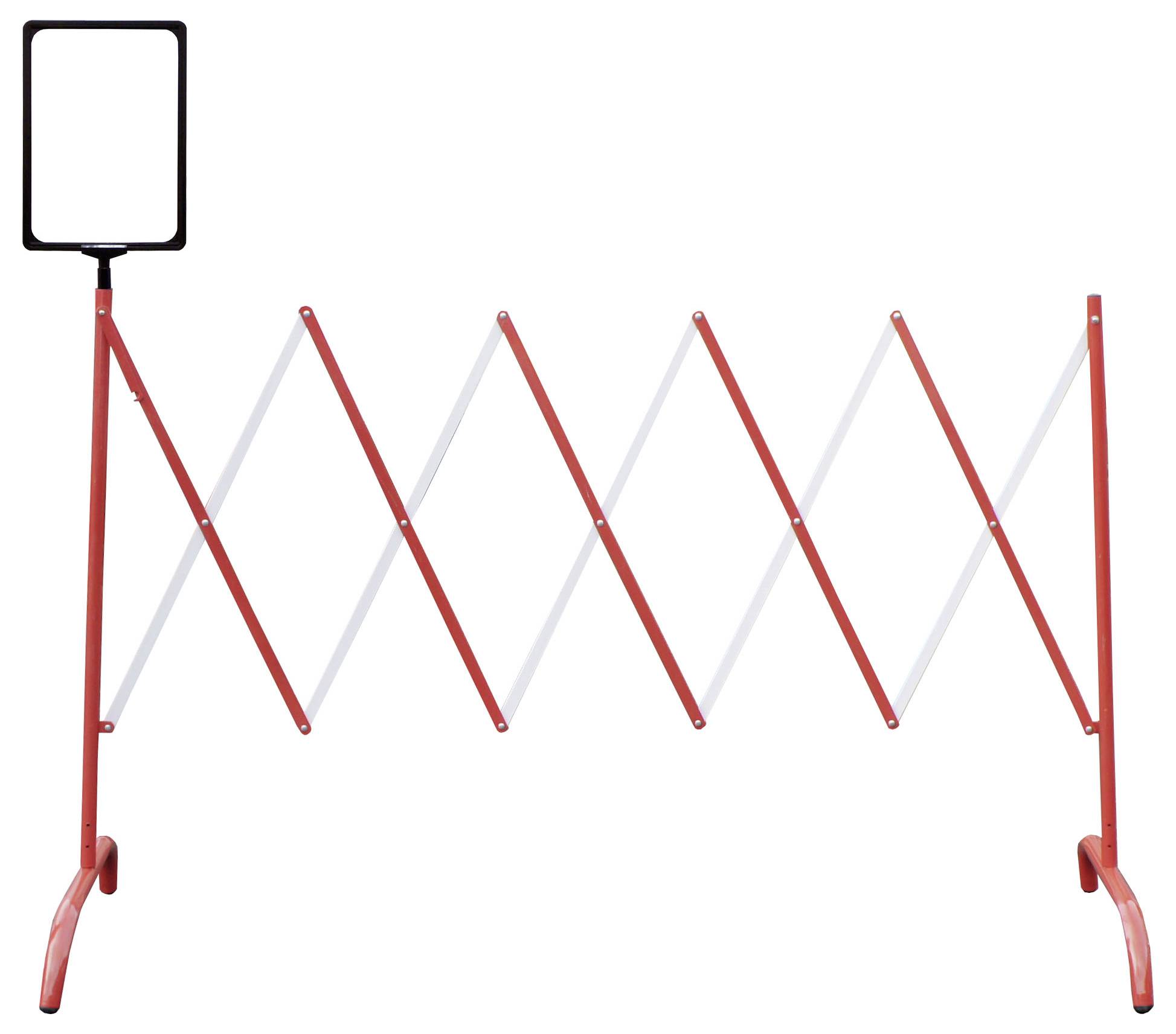 Barrière pliante rouge avec panneaux en zigzag extensibles et un panneau rectangulaire vierge à l'extrémité gauche.