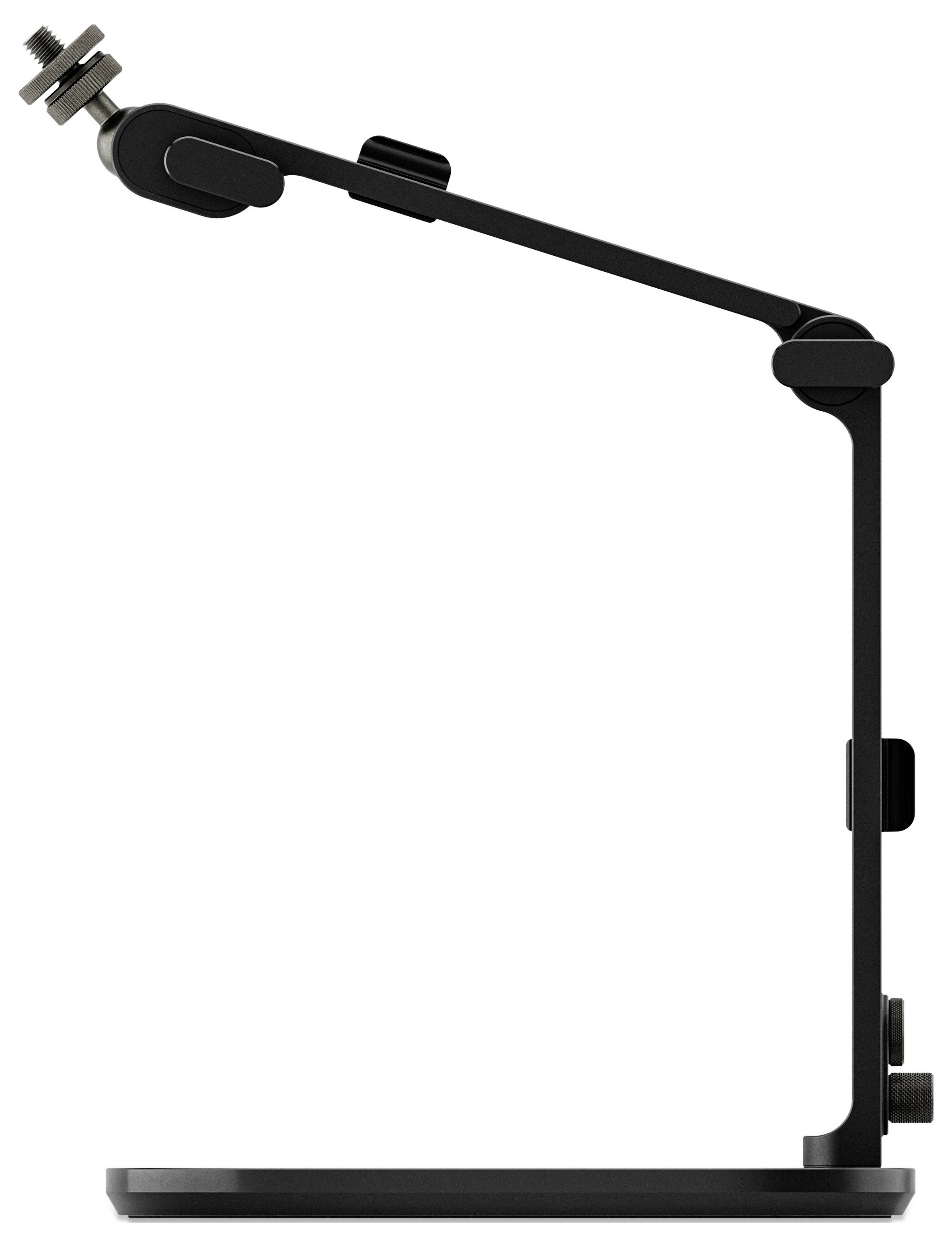 Lampe de bureau ajustable noire avec un bras articulé long et une base rectangulaire sur un fond blanc.