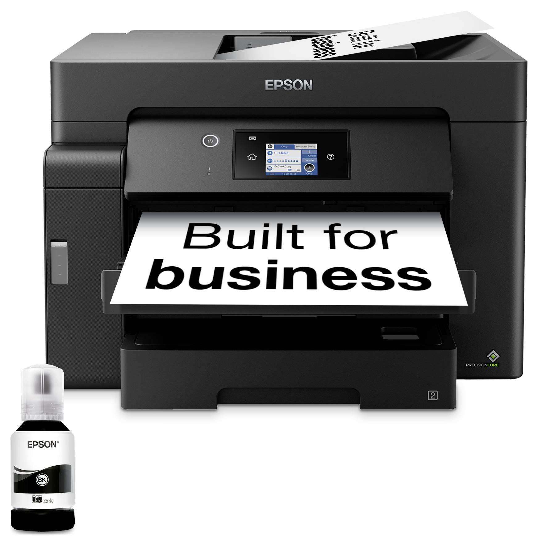 Imprimante multifonction noire Epson imprimant une page qui dit « Conçue pour l'entreprise », avec une cartouche d'encre Epson affichée à côté.