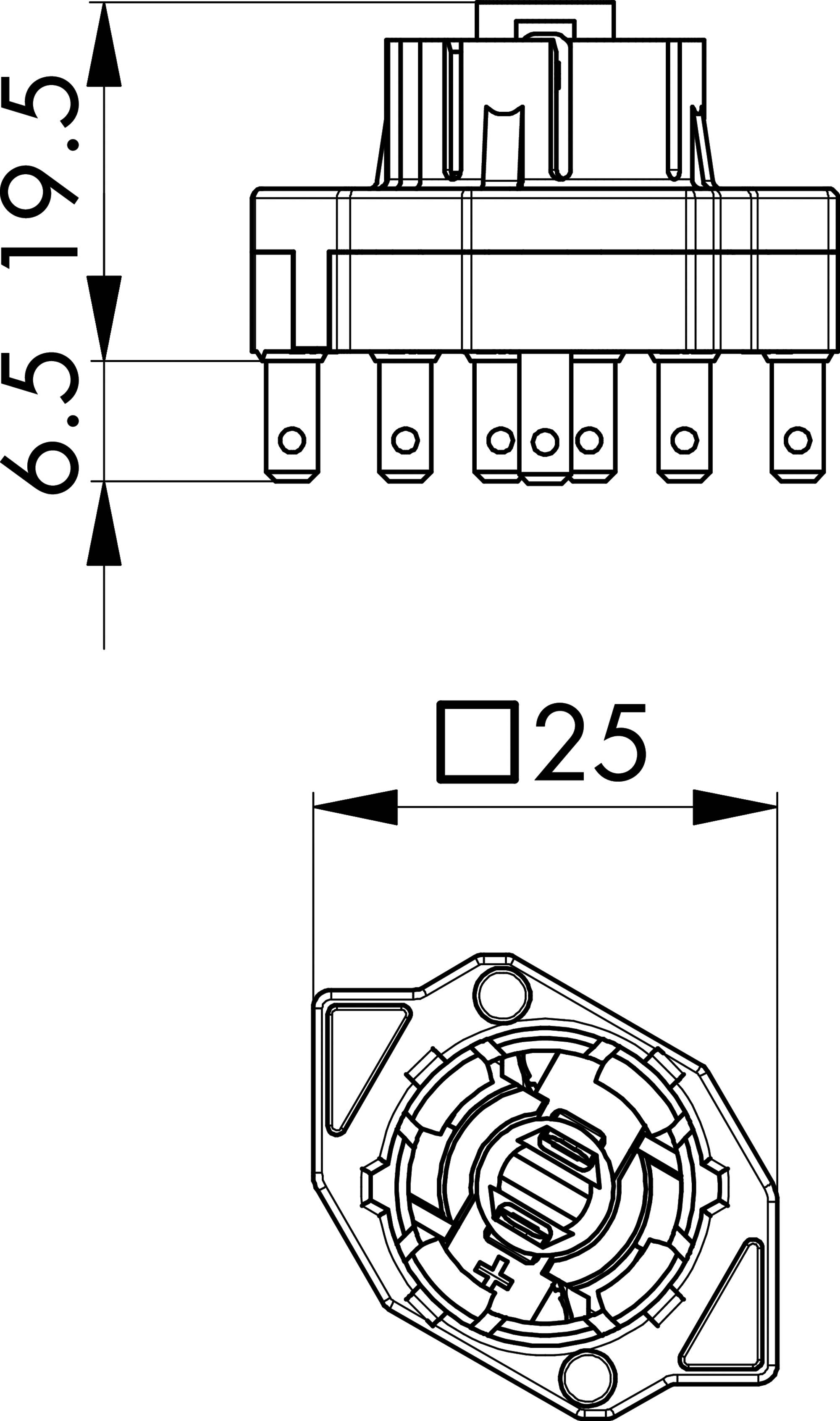 Dessin technique d'un connecteur électrique circulaire avec disposition à 25 broches, montrant les vues de côté et de face avec les dimensions 19,5 et 6,5, et la largeur marquée 25.