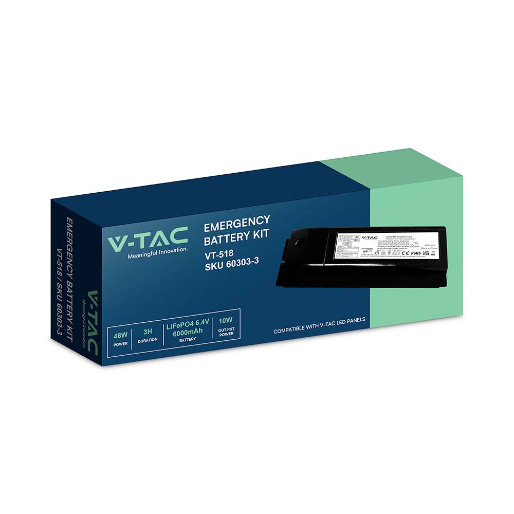 Boîte d'ensemble de batterie d'urgence V-TAC, VT-518, avec image du produit et spécifications d'utilisation avec panneaux LED.