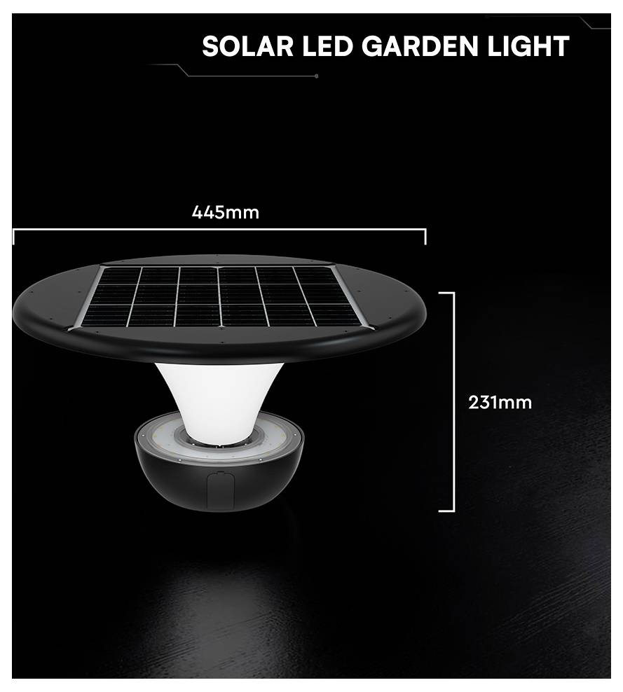 Illustration d'un luminaire de jardin à LED solaire avec des dimensions étiquetées de 445 mm de largeur et 231 mm de hauteur.