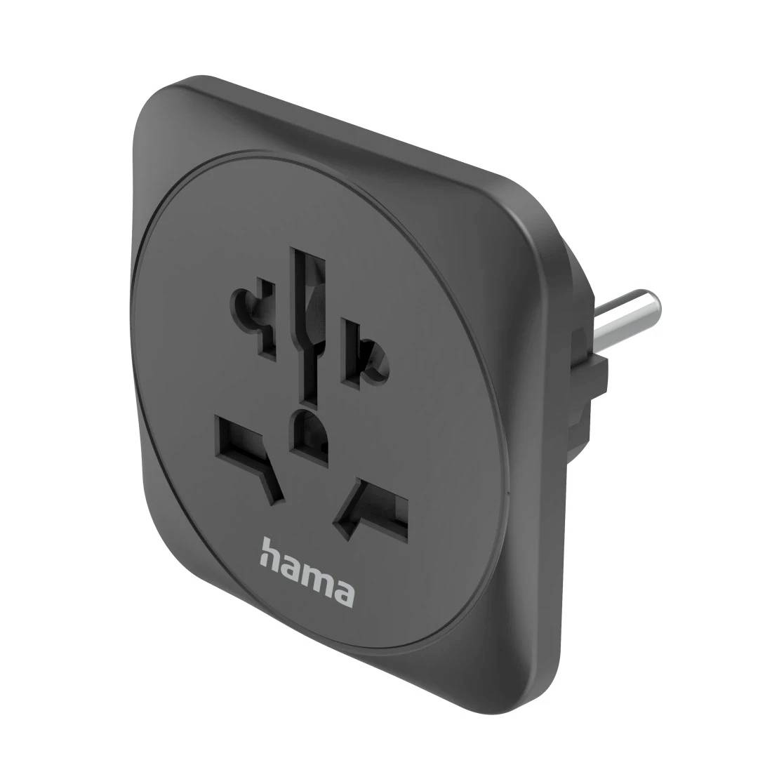 Adaptateur de voyage universel Black Hama avec une prise ronde à l'avant et deux broches à l'arrière, présenté sur un fond blanc.