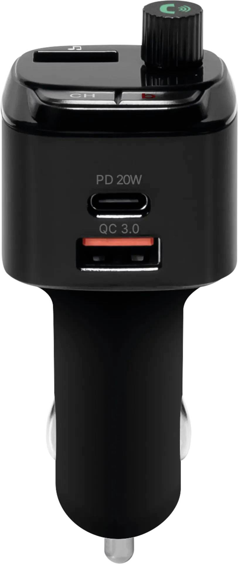 Adaptateur de chargeur automobile noir avec deux ports USB étiquetés « PD 20W » et « QC 3.0 » et un bouton/molette d'alimentation en haut.