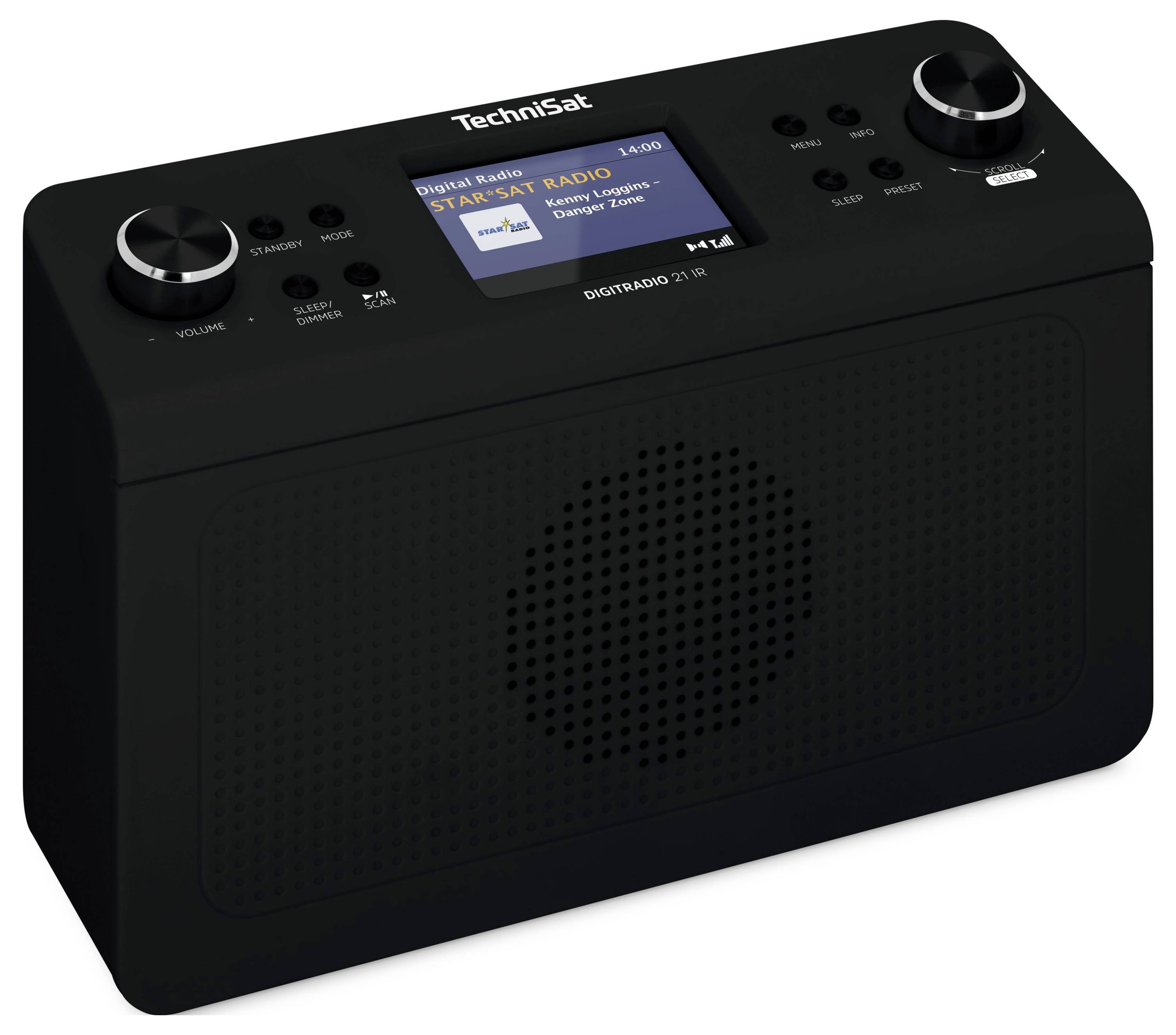 Radio numérique TechniSat noir avec écran, deux boutons de commande et grille du haut-parleur.
