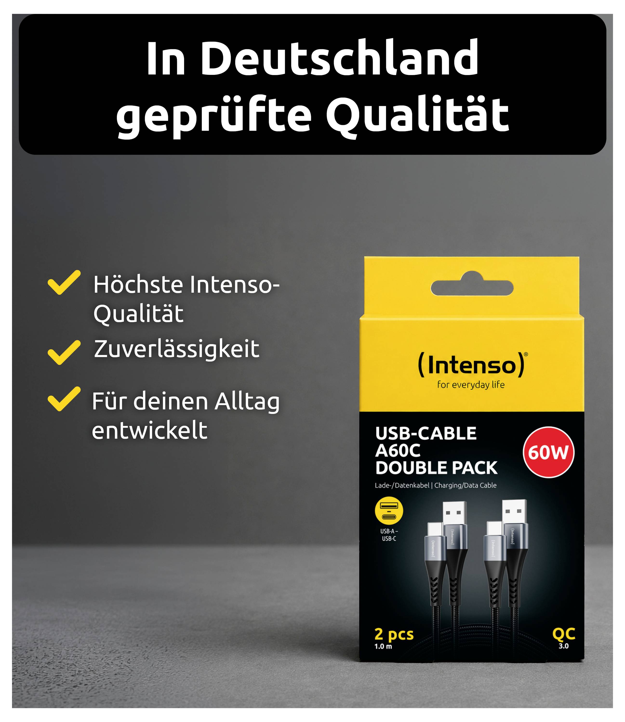 Emballage du câble USB-C double pack Intenso avec des affirmations de qualité allemande : « Qualité testée en Allemagne », « Qualité Intenso la plus élevée », « Fiable » et « Conçu pour un usage quotidien ».
