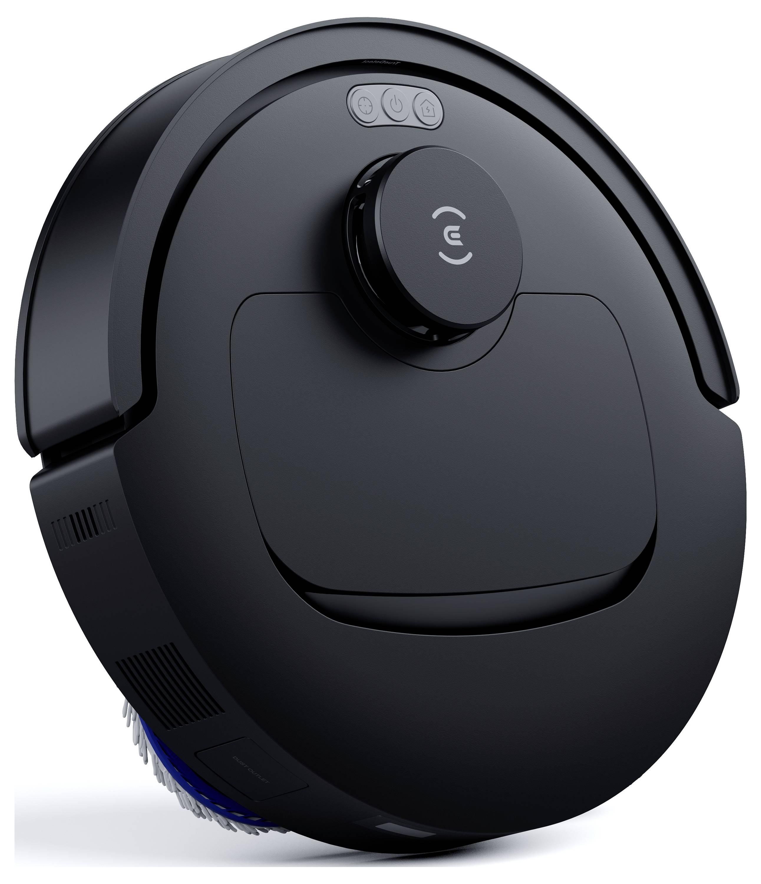 Aspirateur robotique noir vu de dessus avec une tourelle de capteur centrale et une brosse latérale visible.