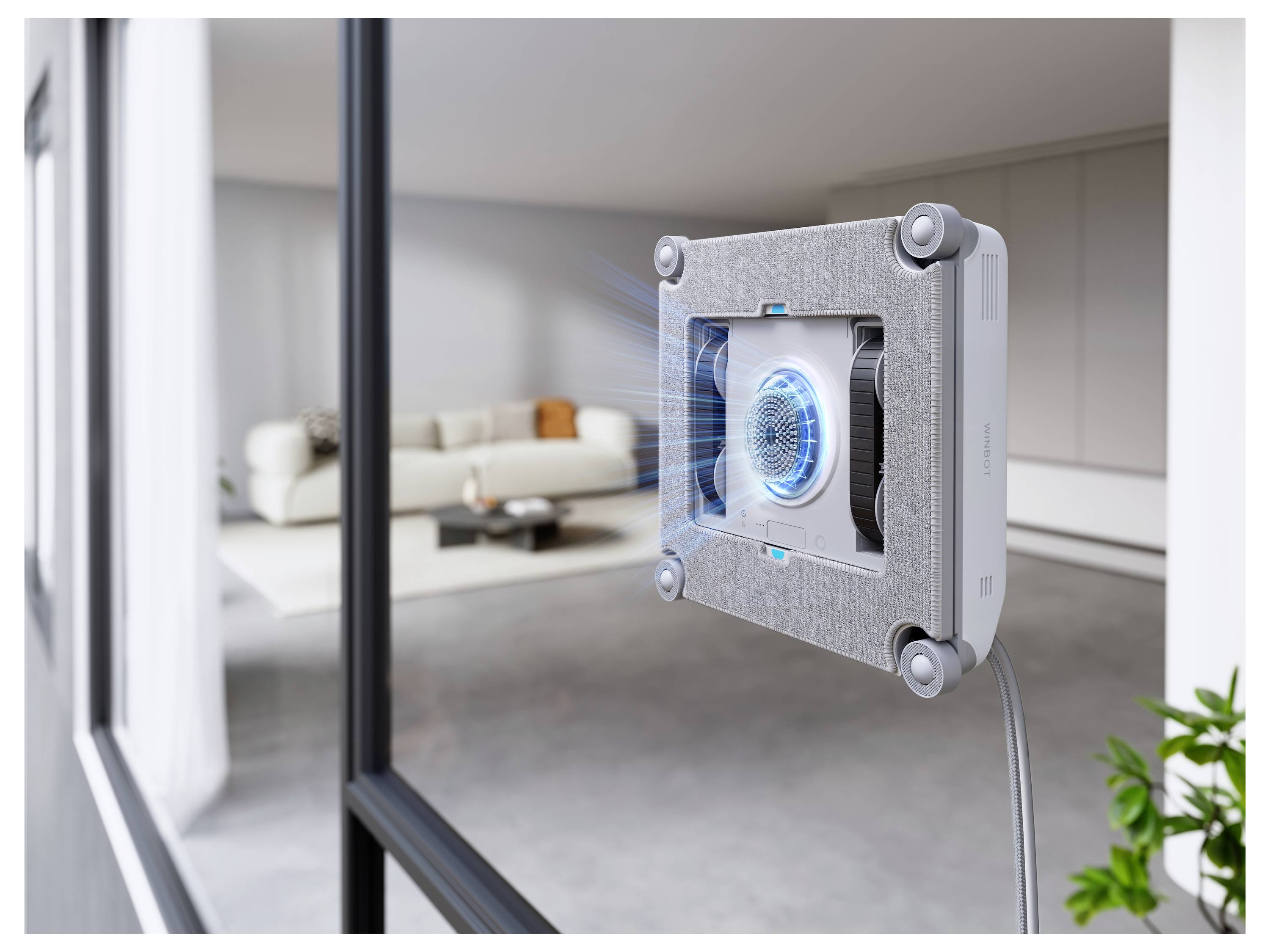 Appareil intelligent carré montable sur le mur avec ventilateur bleu luminescent sur câble, montré près d'une fenêtre à l'intérieur d'une pièce moderne.