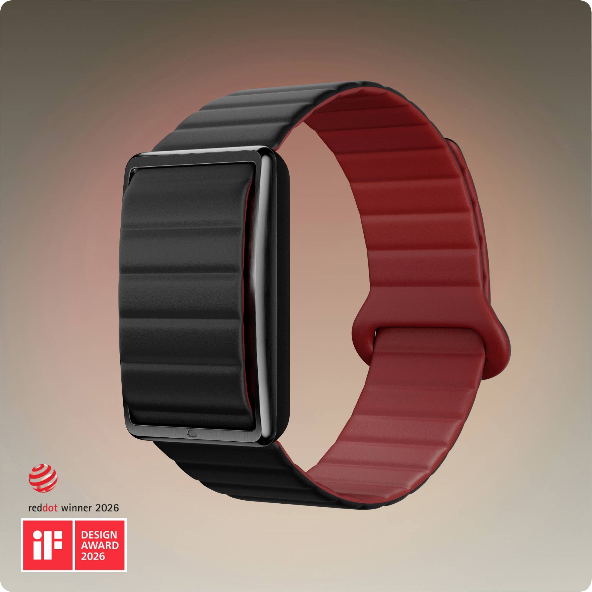 Rendu de produit d'un élégant bracelet de fitness noir ou d'une montre connectée avec un bracelet côtelé rouge sur un fond dégradé doux, étiqueté « reddot winner 2026 » et « iF DESIGN AWARD 2026 ».