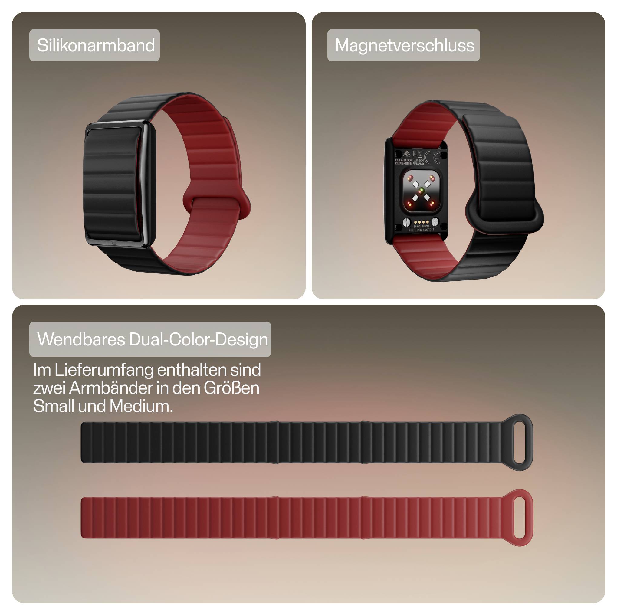 Image produit d'un bracelet de montre connectée rouge et noir avec sangle en silicone et fermoir magnétique, montrant un design bicolore et les tailles petite et moyenne incluses.