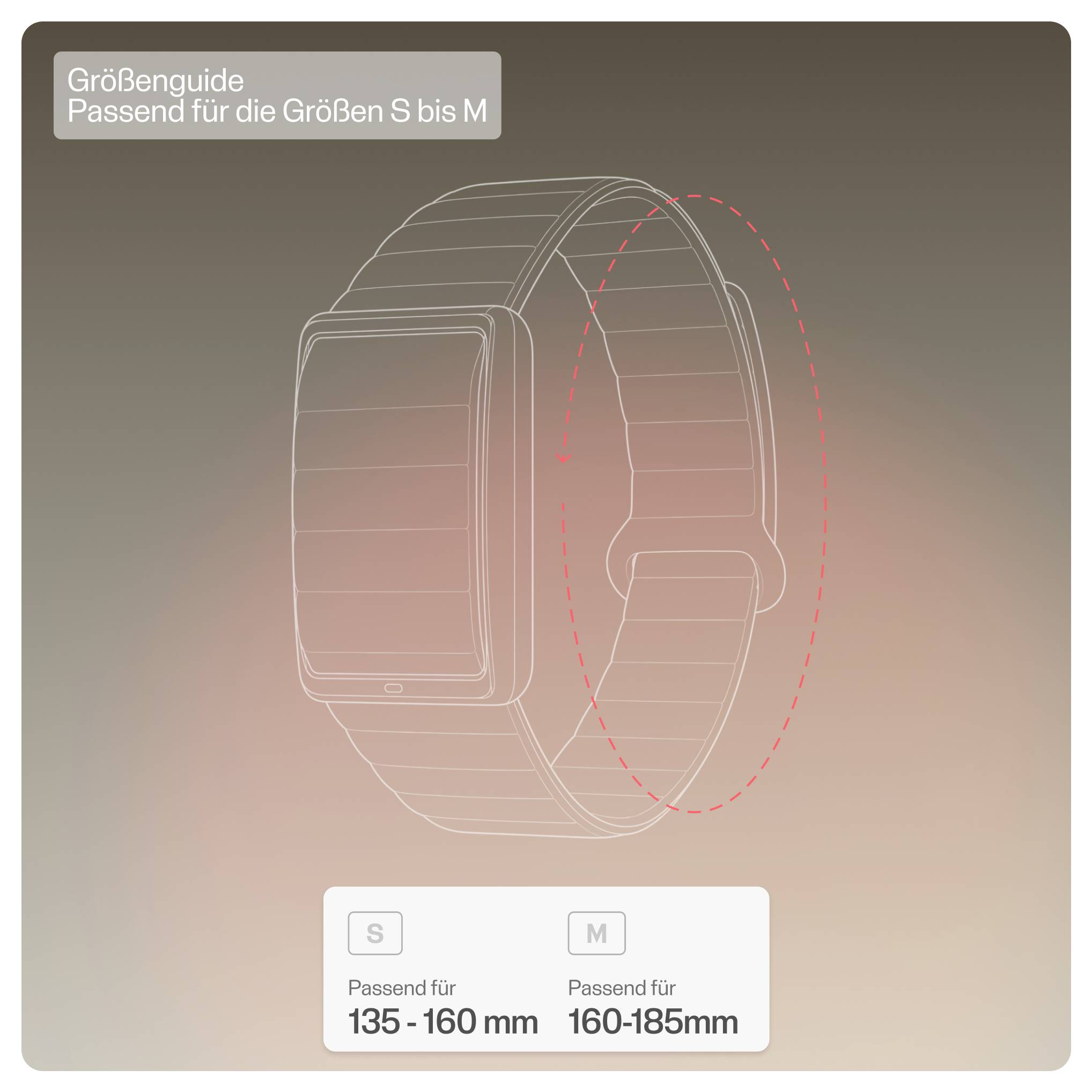 Guide de tailles pour un bracelet de montre : S convient à une circonférence de poignet de 135-160 mm, M convient à 160-185 mm.