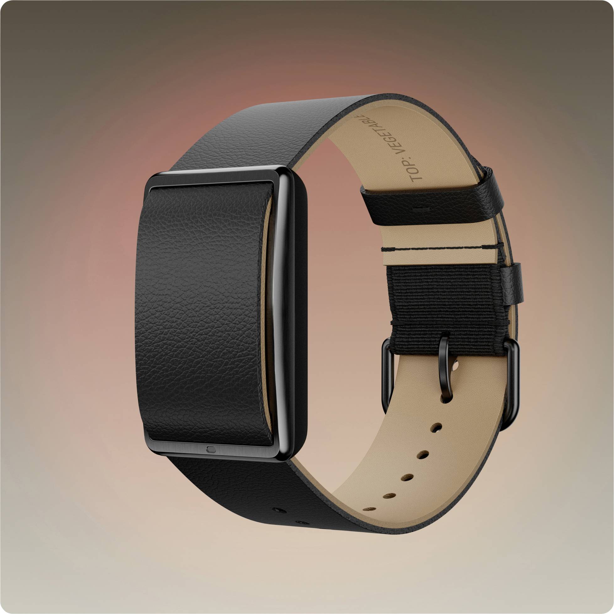 Montre intelligente noire avec bracelet style cuir présentée dans un rendu 3D de style produit sur un fond dégradé doux.
