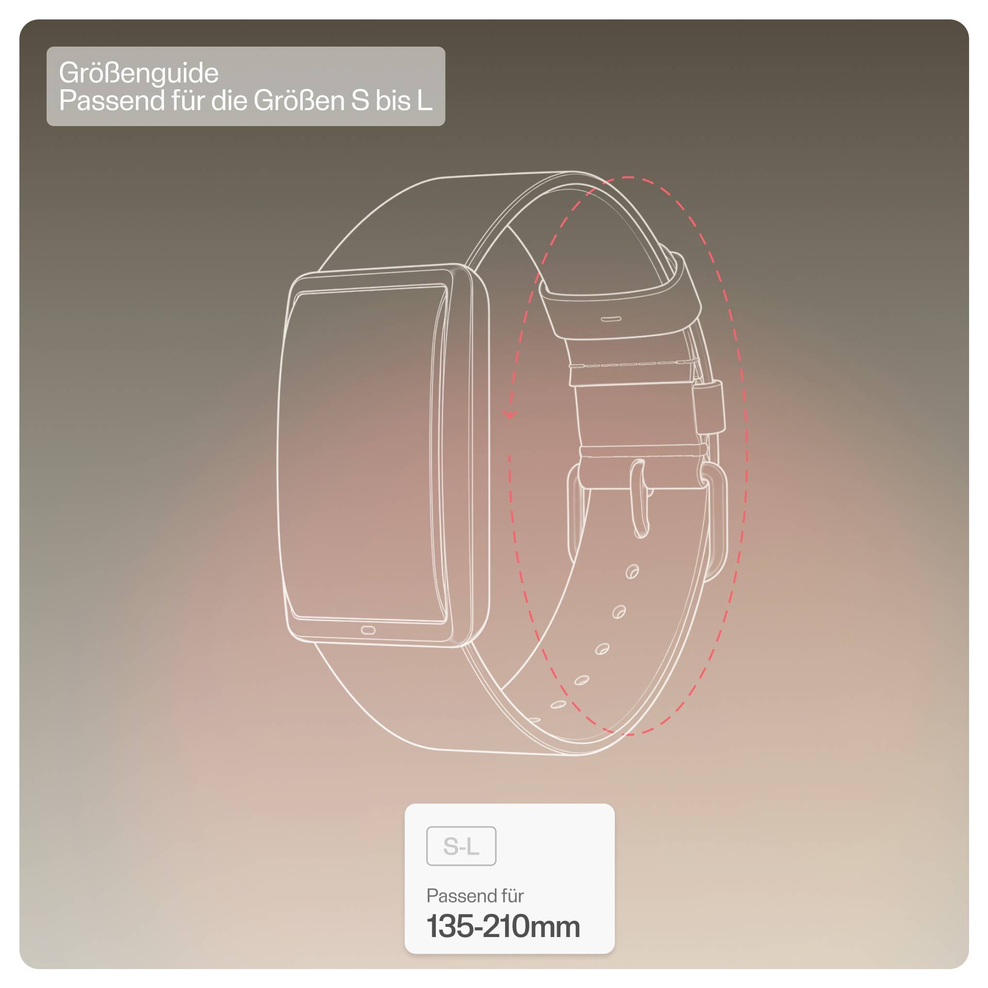 Guide des tailles de montre pour les tailles S à L, montrant un bracelet s'adaptant aux poignets de 135–210 mm.