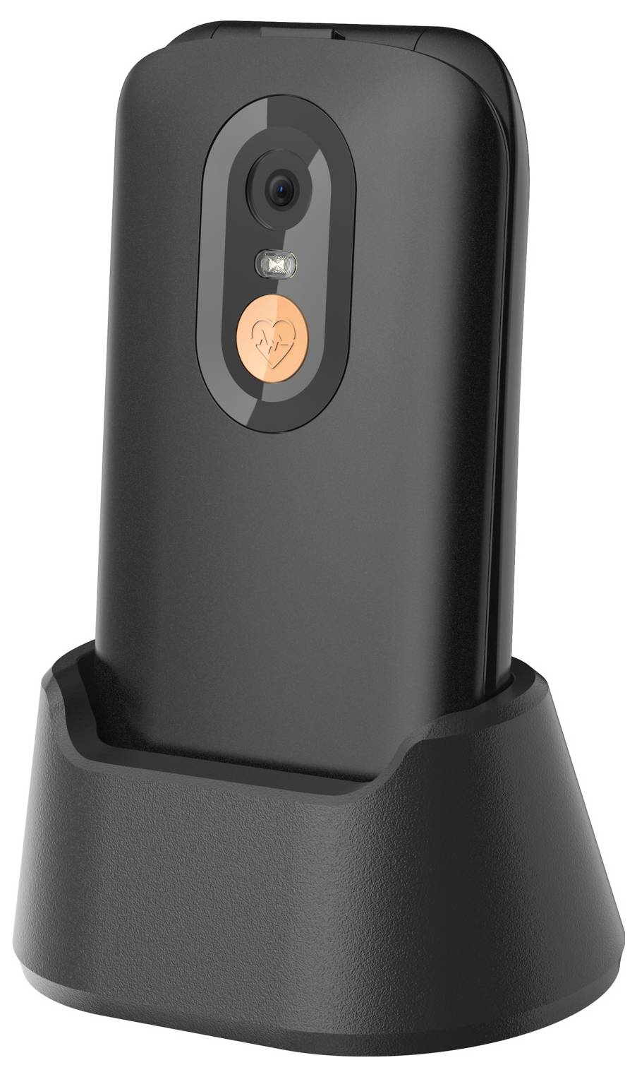 Caméra de sécurité noire se tenant dans un socle de recharge, vue de face avec objectif, LED et bouton visibles.