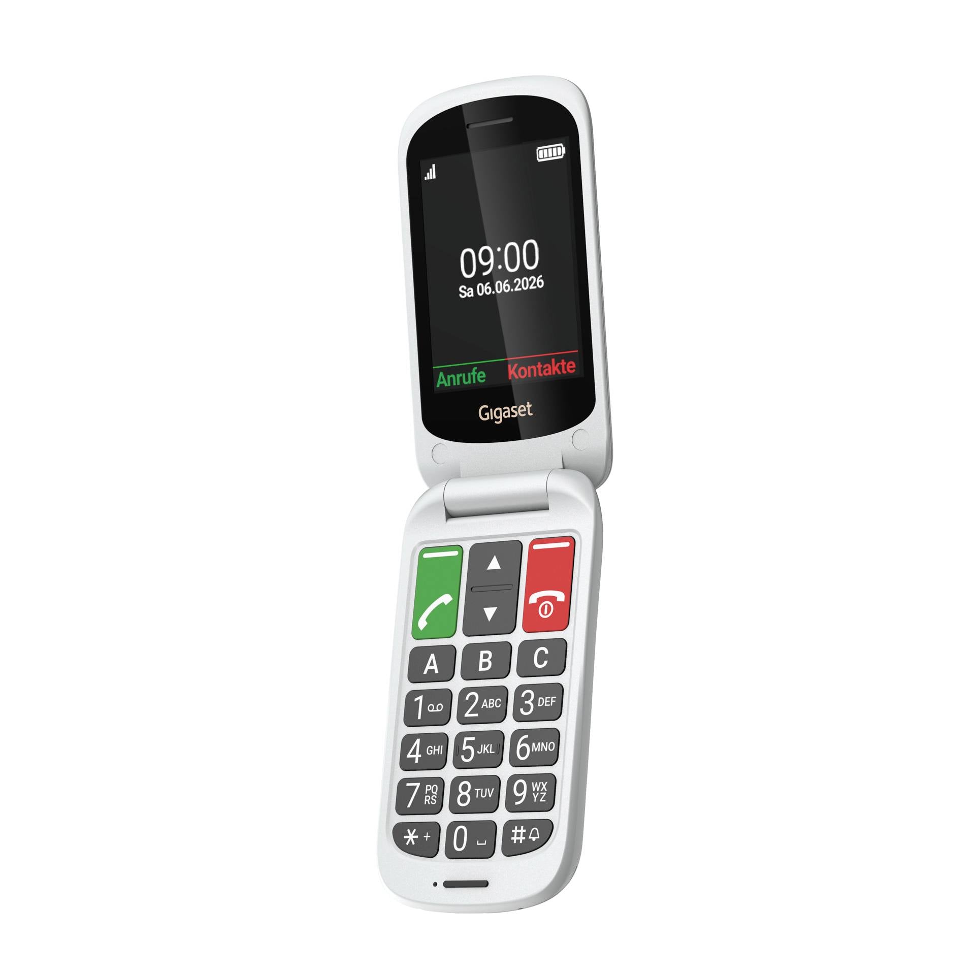 Téléphone mobile Gigaset blanc à clapet montré ouvert, avec l'écran affichant 09:00 et les étiquettes de menu allemandes 'Anrufe' et 'Kontakte'.
