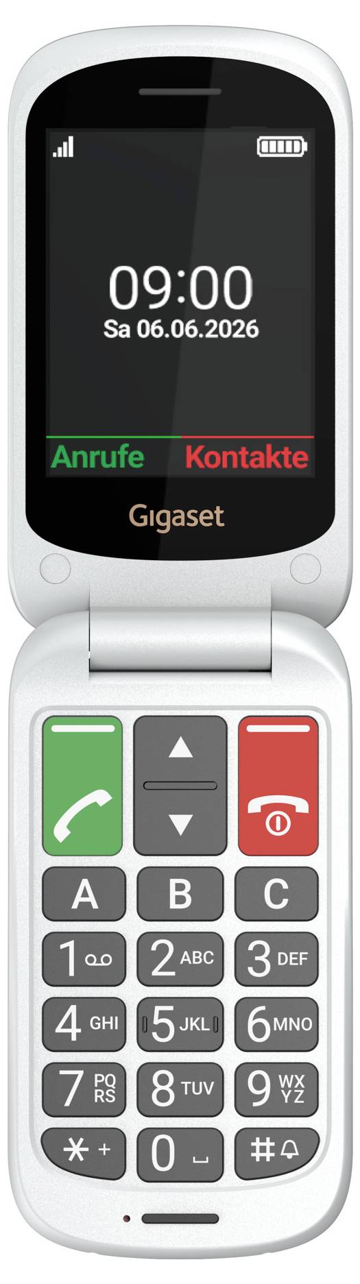 Téléphone à clapet fermé affichant l'écran d'accueil avec 09:00, la date Sa 06.06.2026, les touches souples Appels et Contacts, et le clavier numérique en dessous.