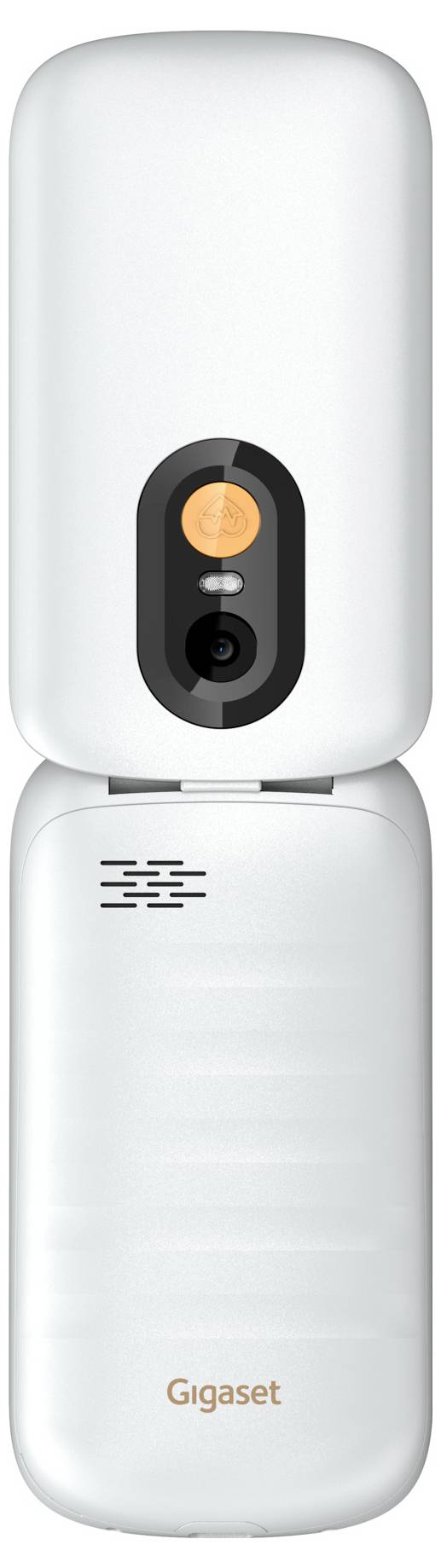 Combiné de téléphone sans fil Gigaset blanc présenté verticalement, avec un panneau haut-parleur/affichage noir et un voyant orange près du haut.
