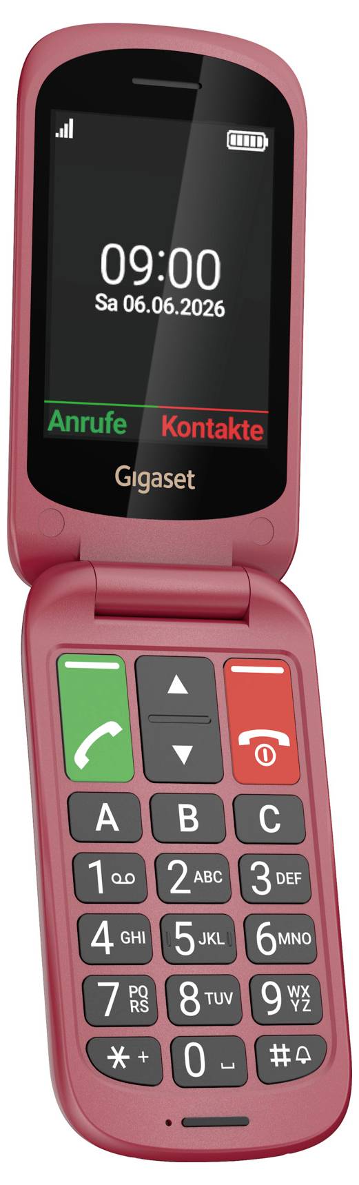 Téléphone à clapet Gigaset rose ouvert affichant 09:00 et la date Sa 06.06.2026, avec les étiquettes appel et contacts au-dessus du clavier.