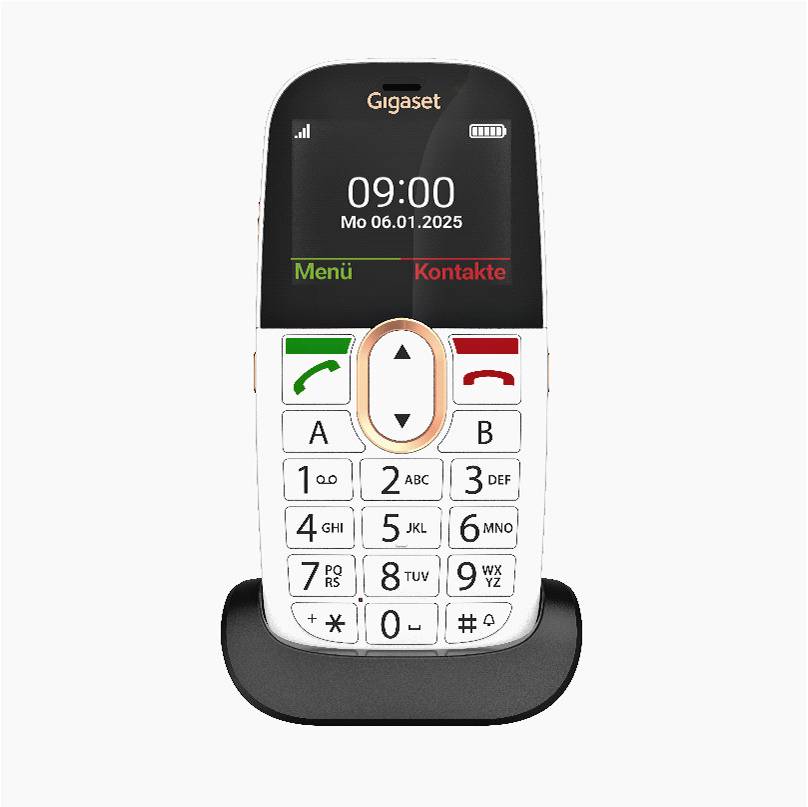 Un téléphone sans fil Gigaset sur un socle de recharge, affichant 09:00, 'Lu 06.01.2025', et les étiquettes de touches souples 'Menu' et 'Contacts'.