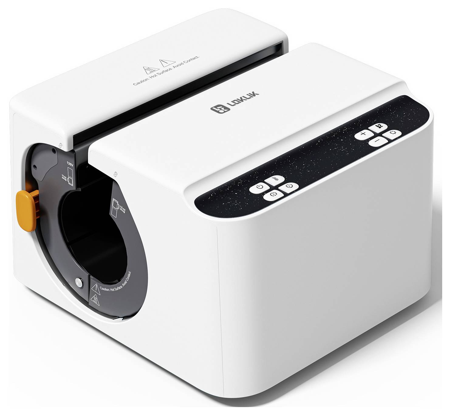 Appareil LUMAXX blanc et compact avec une fente circulaire frontale, un bouton latéral orange et des boutons de commande en haut, présenté en vue trois-quarts.