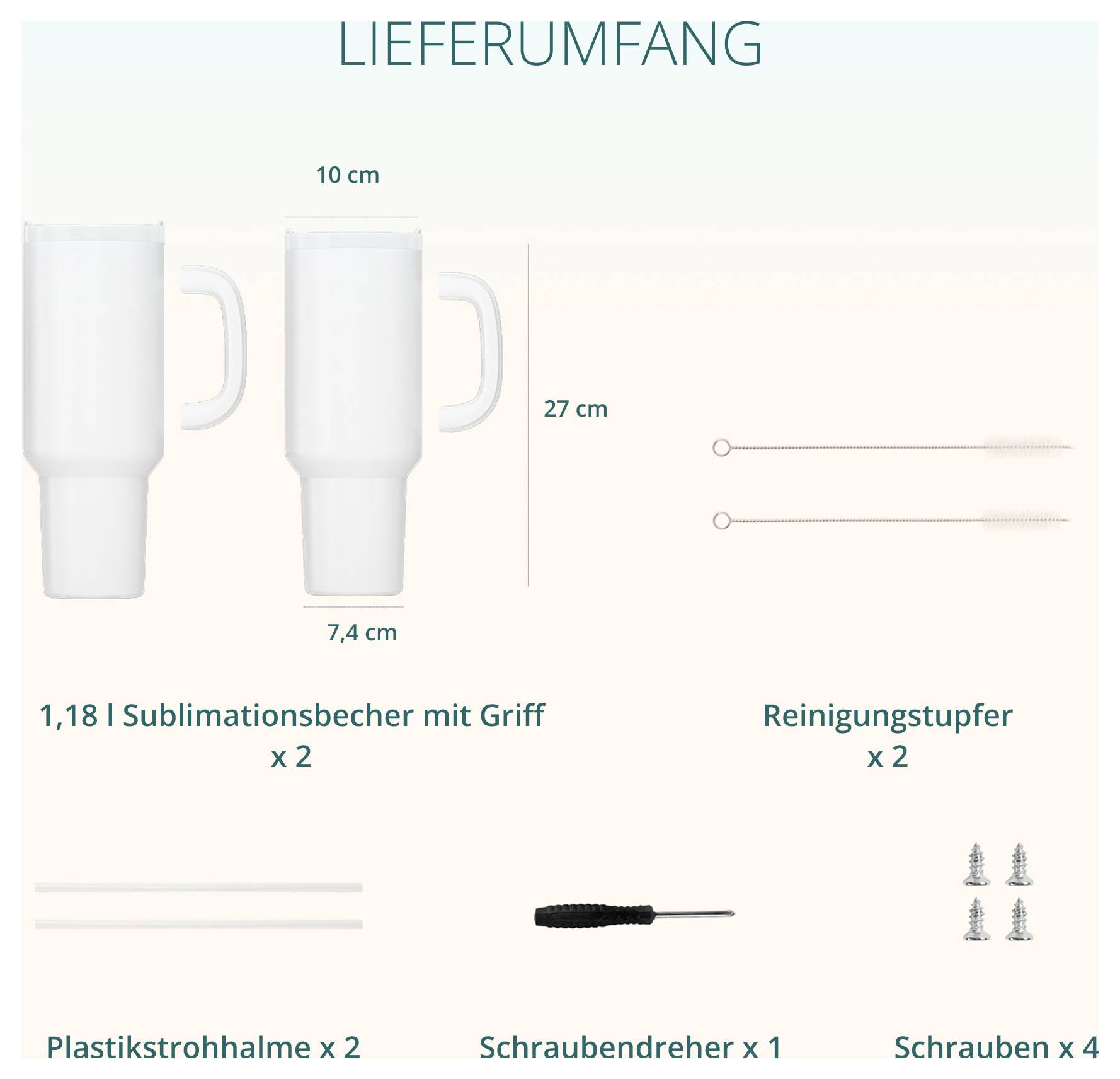Contenu de la livraison: 2 mugs de sublimation avec poignée, 2 bâtonnets de nettoyage, 2 pailles en plastique, 1 tournevis et 4 vis; mugs 27 cm de haut, 10 cm de large, 7,4 cm de bas.