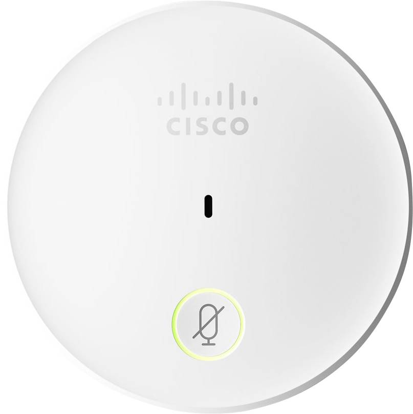 Microphone de plafond Cisco blanc avec bouton de sourdine du microphone allumé en vert et voyant indicateur ambre.