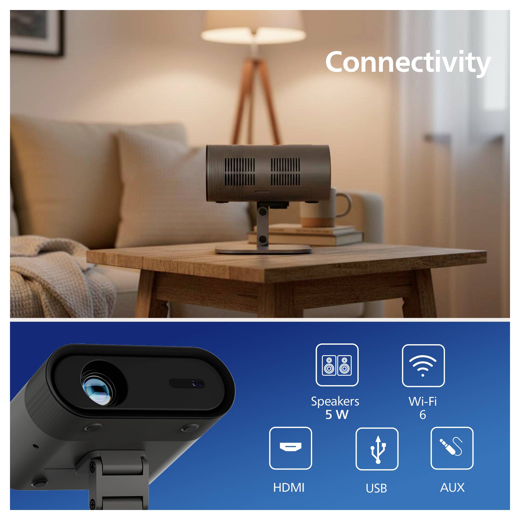 Projecteur dans un salon avec un panneau « Connectivité » montrant le support des haut-parleurs 5W, Wi‑Fi 6, HDMI, USB et AUX.