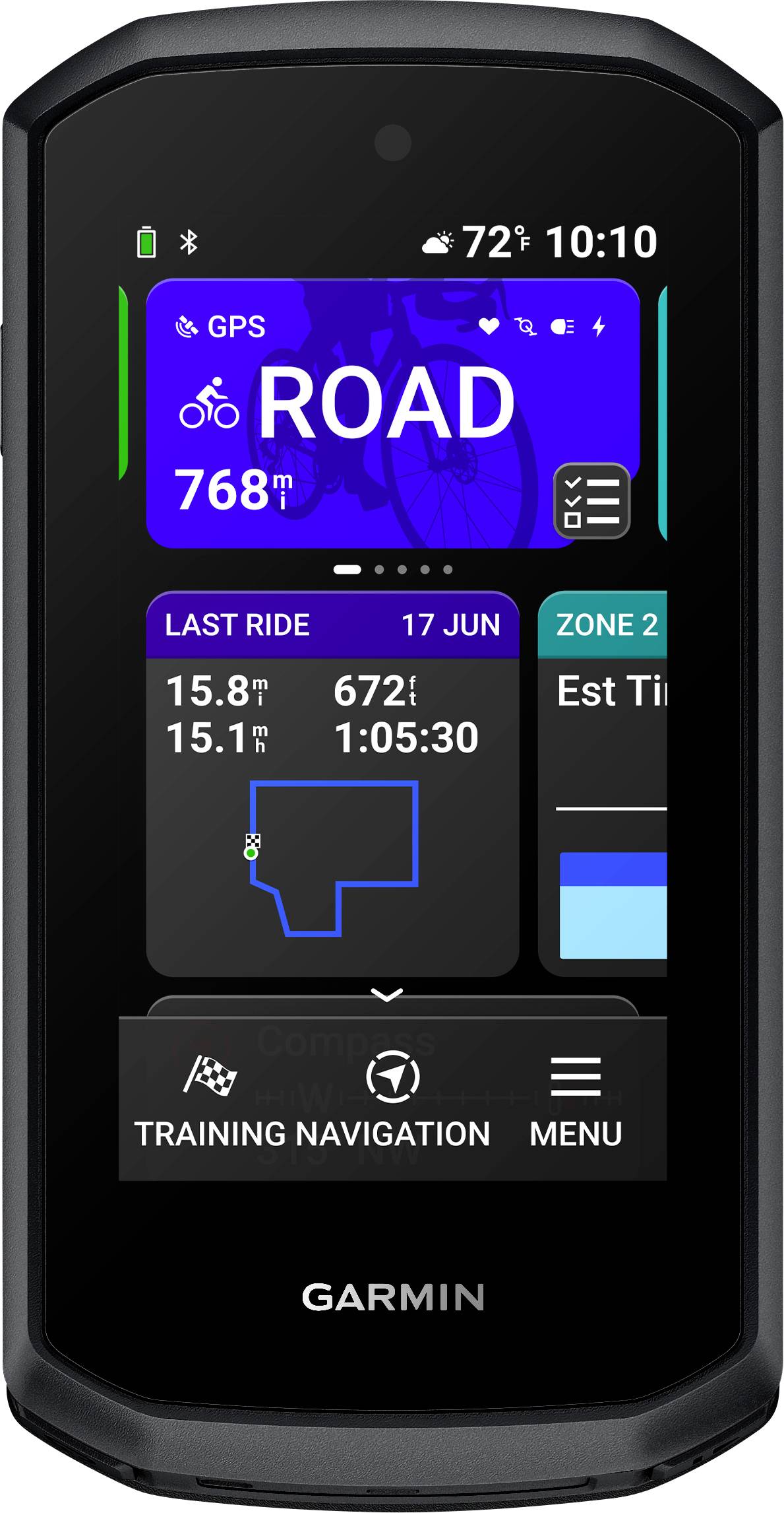 Ordinateur GPS de vélo Garmin affichant la navigation « ROUTE », les statistiques de la dernière sortie et une carte d'itinéraire sur l'écran tactile.