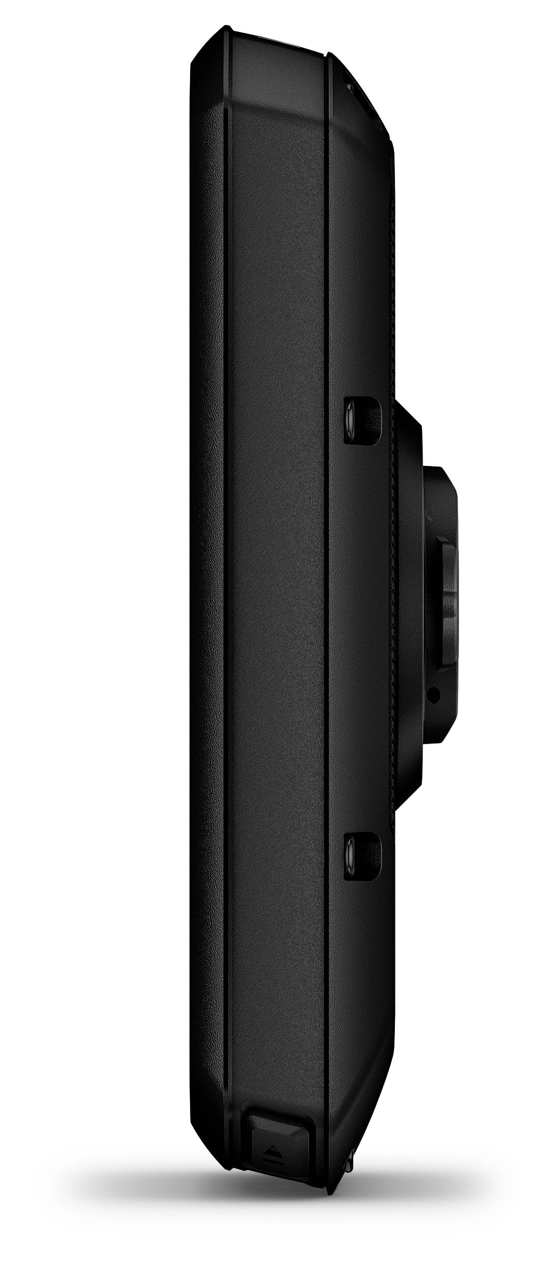 Vue latérale d'un smartphone noir élancé avec un module de caméra arrière saillant sur un fond blanc.