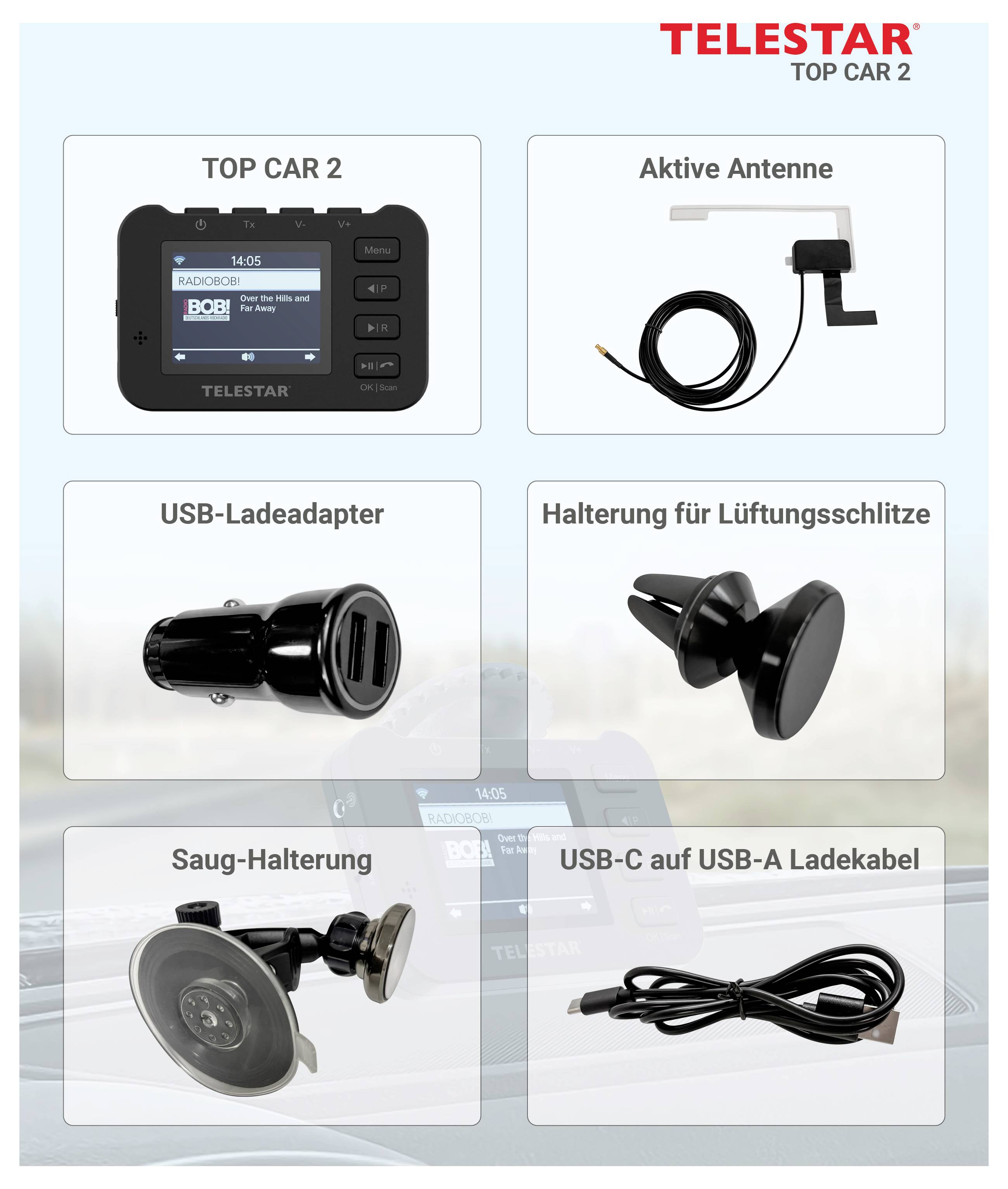 Aperçu du produit TELSTAR TOP CAR 2 montrant l'unité radio et les accessoires inclus : antenne active, adaptateur de chargeur USB, support de ventilation, support à ventouse, et câble USB-C vers USB-A.