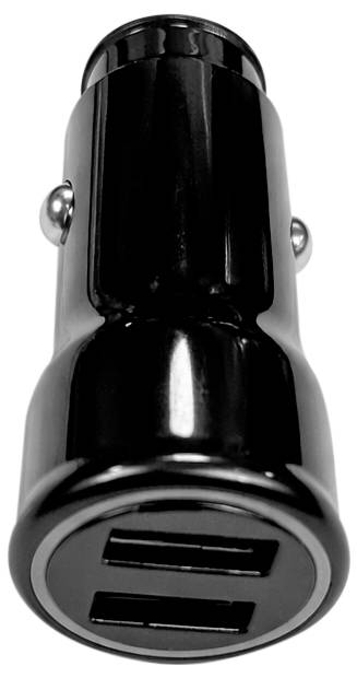 Adaptateur de chargeur automobile USB à double port noir, présenté en vue de face sur un fond blanc.