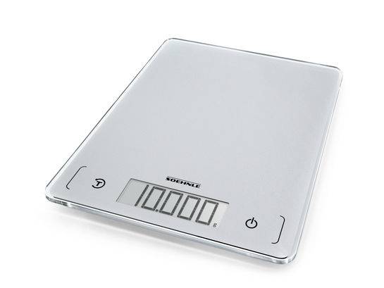 Balance de cuisine numérique avec plateau en verre et affichage LCD affichant 0.000, présentée sur un fond blanc.