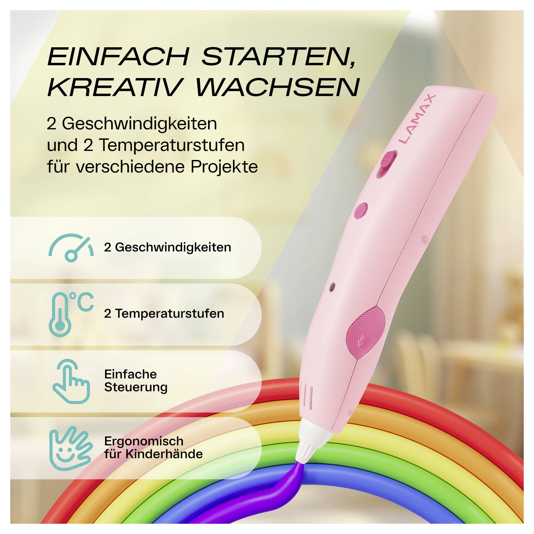 Stylo de bricolage Pink LANMAX avec deux vitesses et deux réglages de température, présenté avec des icônes mettant en évidence une commande facile et une ergonomie adaptée aux enfants.