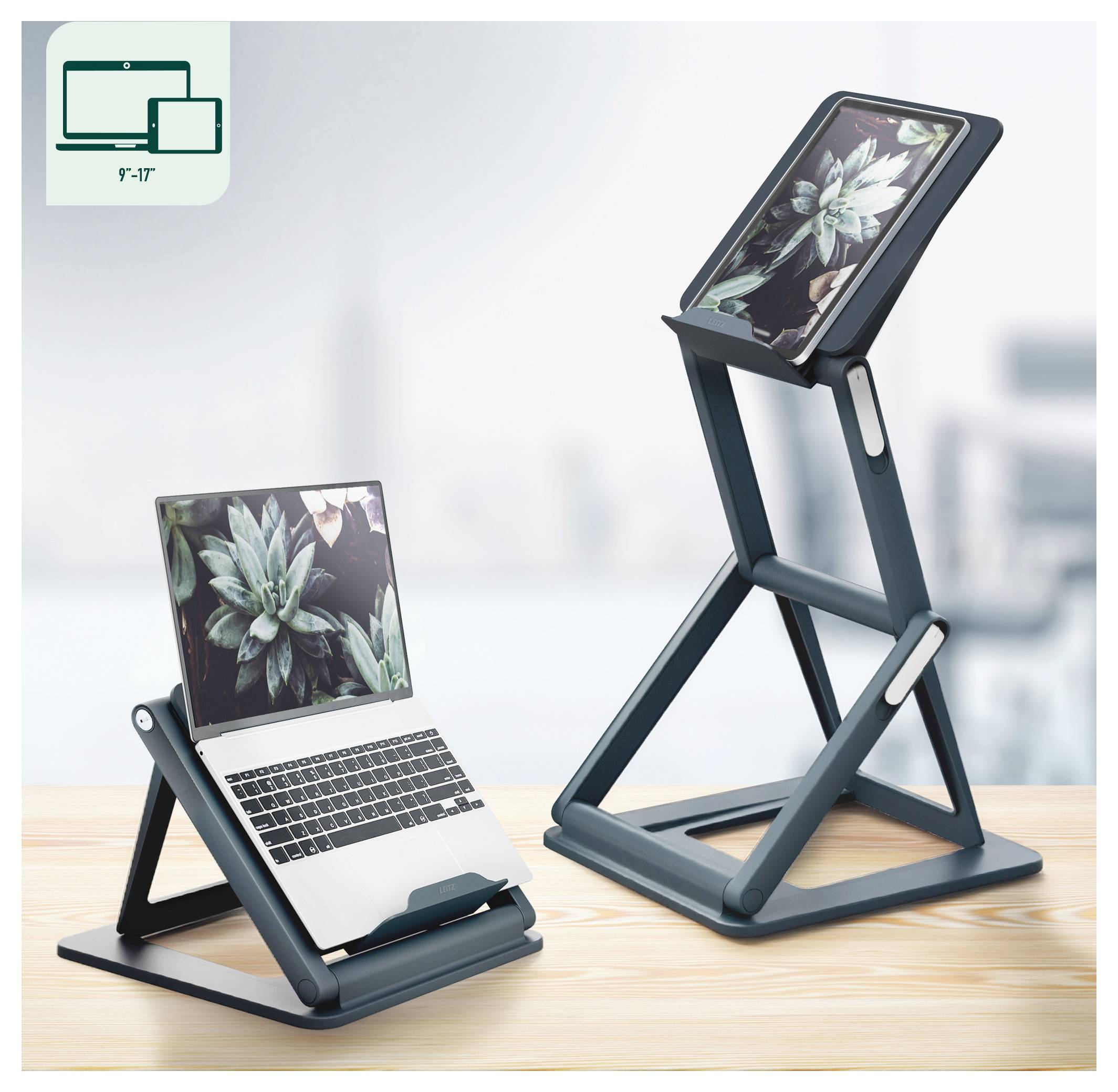 Deux supports pour ordinateur portable affichés sur un bureau, l'un tenant un ordinateur portable à plat et l'autre surélevé verticalement pour une visualisation réglable.