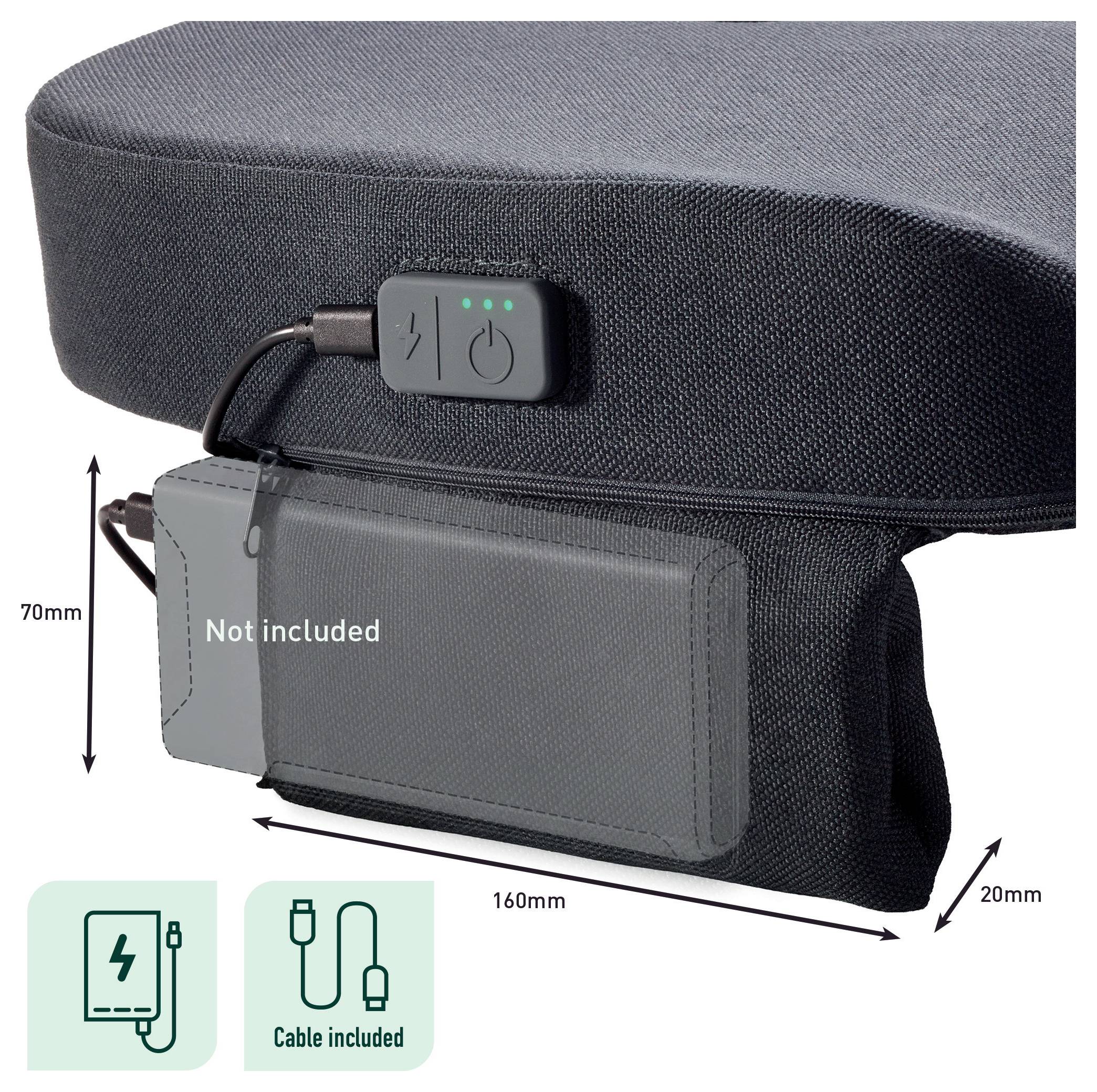 Étui en tissu noir avec batterie externe intégrée et câble de recharge ; les dimensions indiquées montrent 160 mm par 70 mm par 20 mm, avec des étiquettes « Câble inclus » et « Non inclus ».