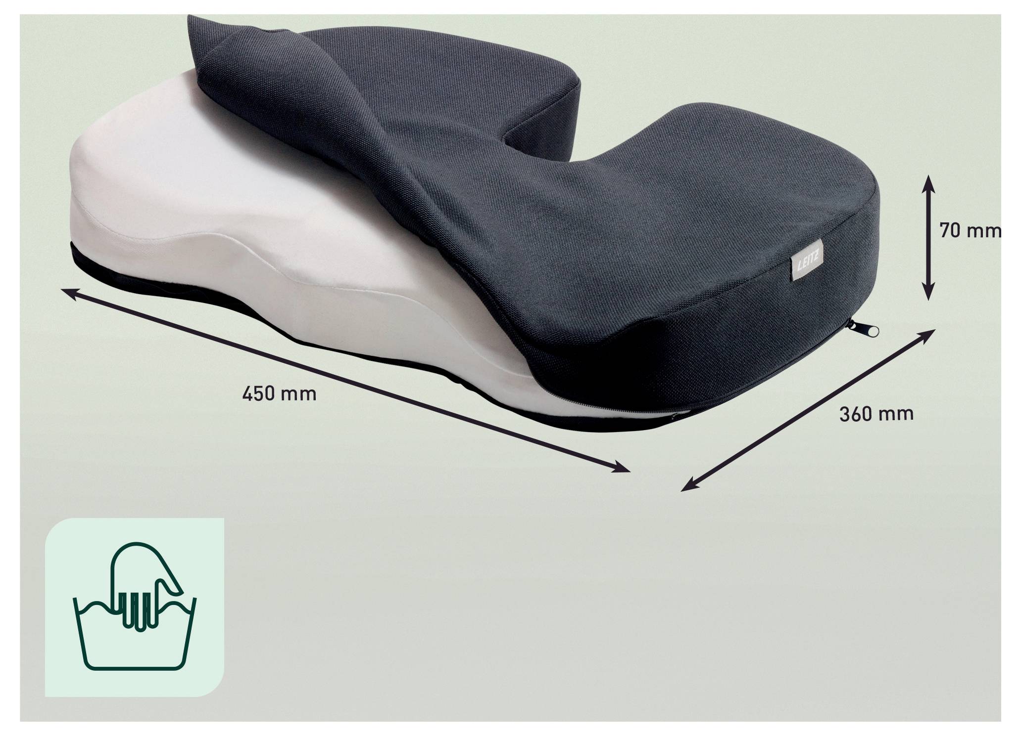 Coussin de siège orthopédique avec mousse contourée noir et blanc, présenté avec les dimensions 450 mm de long, 360 mm de large et 70 mm de haut.