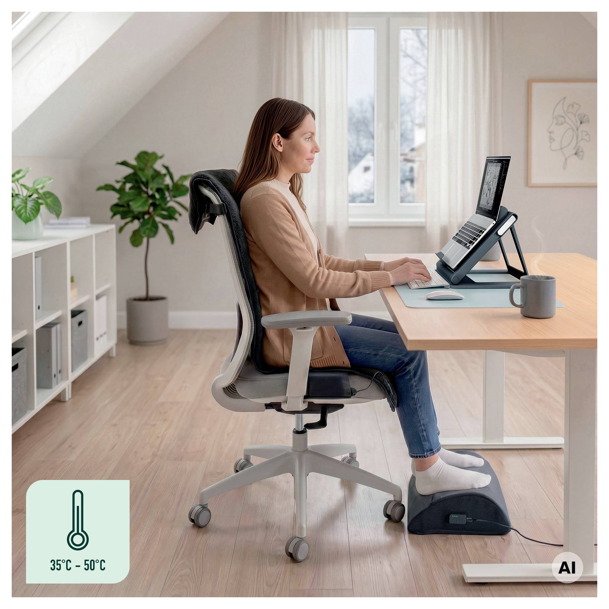Femme travaillant sur un ordinateur portable à un bureau tout en utilisant une chaise ergonomique et un repose-pieds dans un lumineux bureau à domicile ; l'icône affiche 35°C à 50°C.