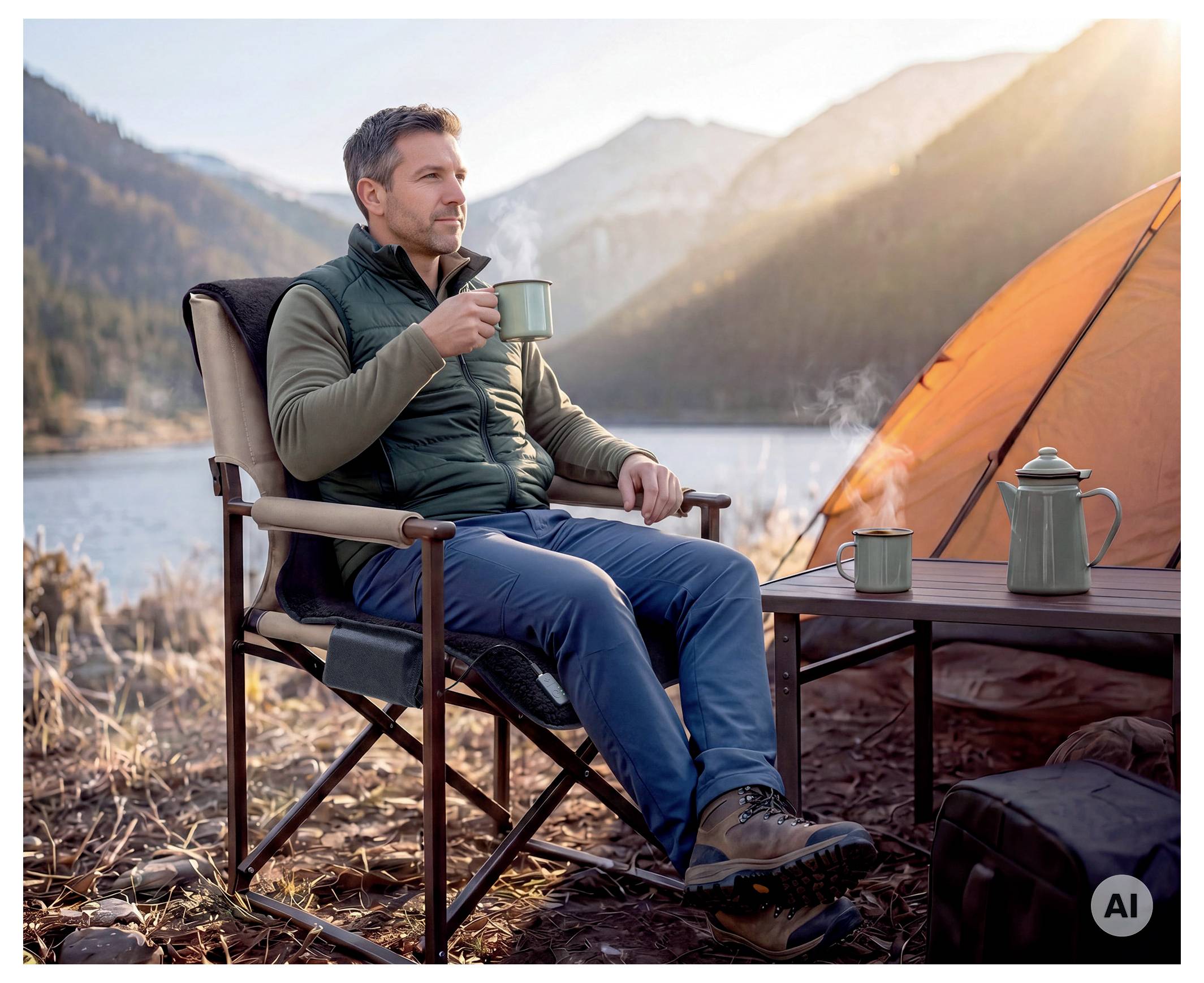 Un homme s'assoit dans un fauteuil de camping près d'une tente au bord du lac, tenant une tasse métallique avec une table de camping et une cafetière à côté de lui au lever du soleil.