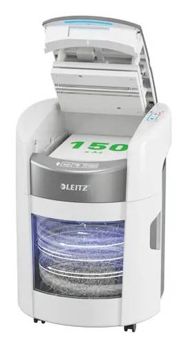 Déchiqueteuse de bureau Leitz blanche avec bac d'alimentation à chargement par le haut ouvert et bac à papier, présentée en vue de face avec 150 marqué sur le dessus.