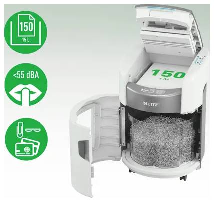 Déchiqueteur de papier ouvert affichant une capacité de 150 feuilles, un bac de 15 L et des icônes de bruit inférieur à 55 dBA.