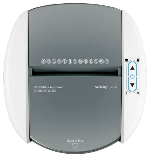 Déchiqueteur de papier automatique avec fente d'alimentation supérieure, étiqueté IQ OptiMax Autofeed Small Office 200 et Security DIN P5.
