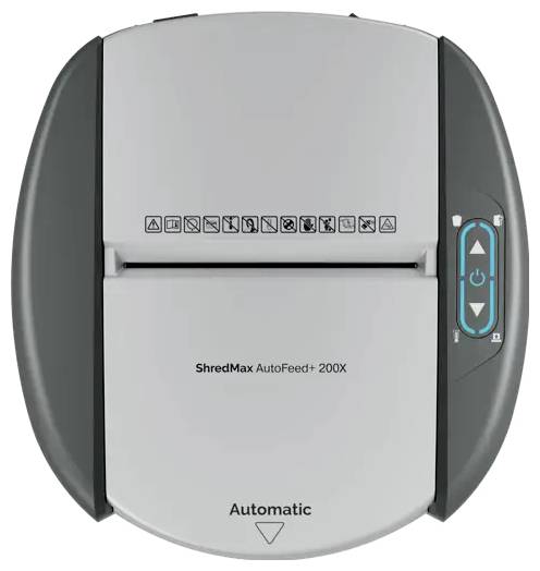 Vue de dessus d'un destructeur de papier automatique ShredMax AutoFeed+ 200X avec des boutons de commande sur le côté droit.