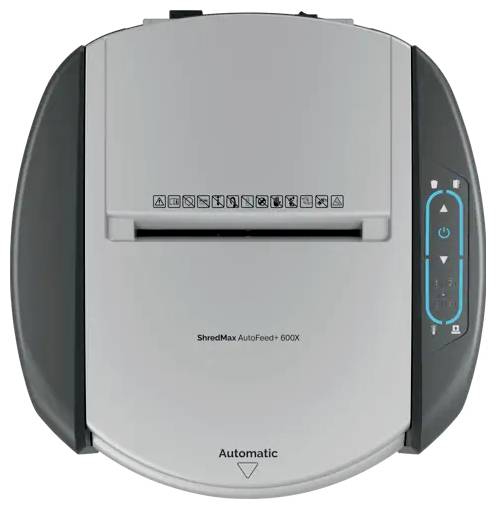 Vue de face d'un destructeur de papier automatique gris et noir étiqueté « ShredMax AutoFeed+ 600X » avec des boutons de commande sur le côté droit.