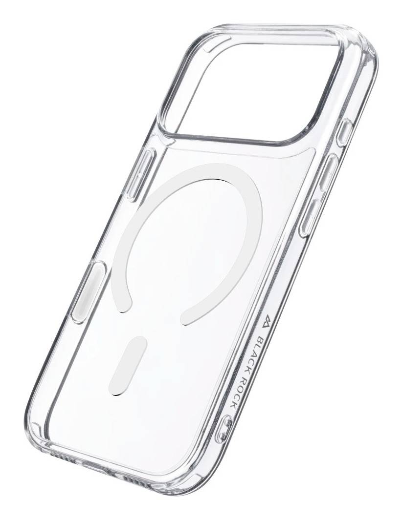 Étui de protection transparent pour téléphone avec anneau MagSafe et large découpe pour appareil photo, présenté en angle sur fond blanc.