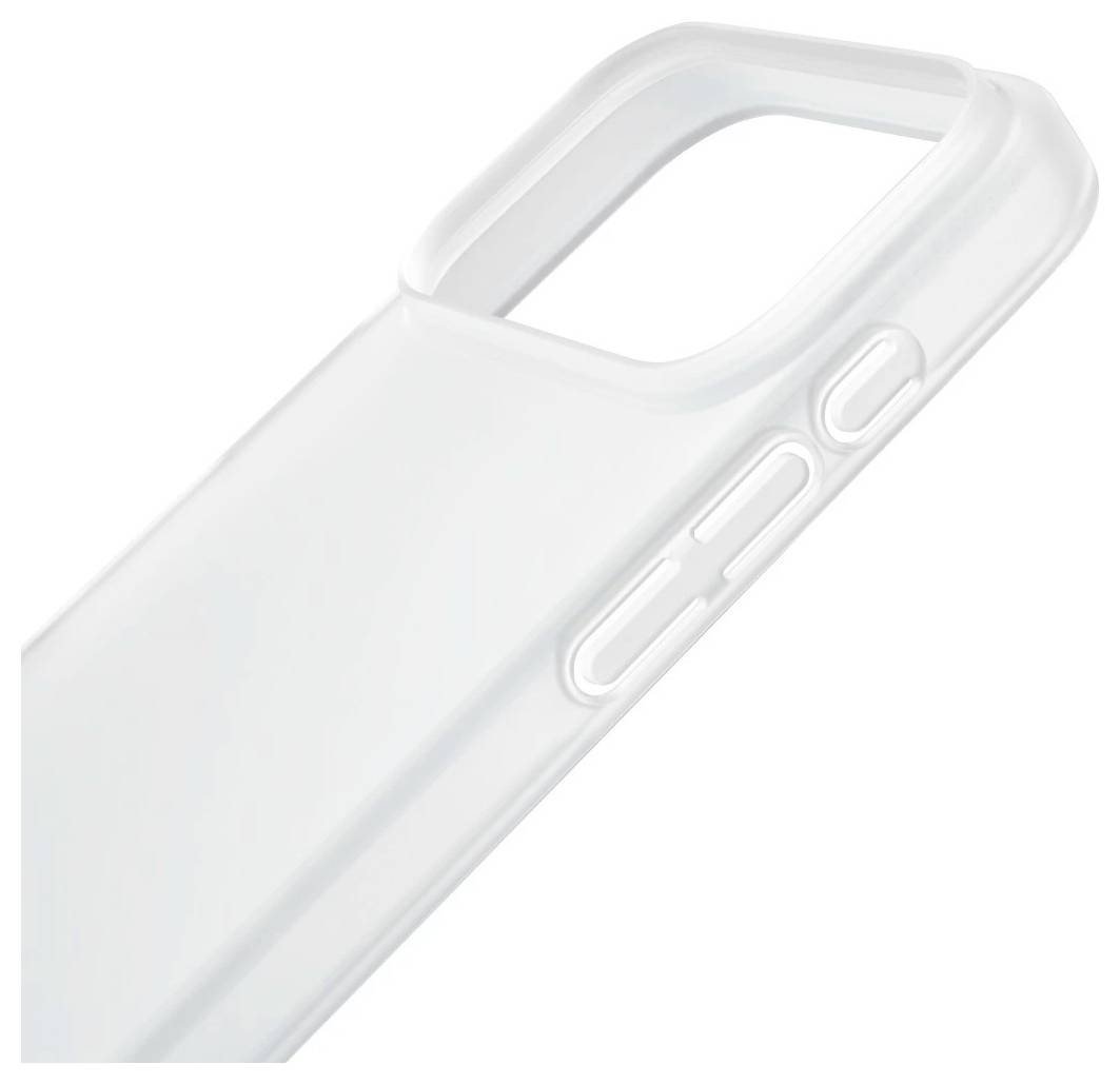 Étui de téléphone transparent avec découpe de caméra surélevée et protections de boutons latéraux, présenté sur un fond blanc.